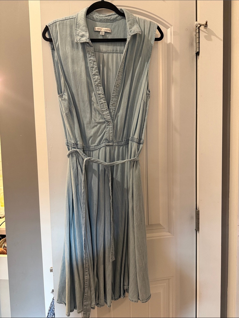 Pale Blue Sleeveless Chambray Midi Dress with Tie Waist